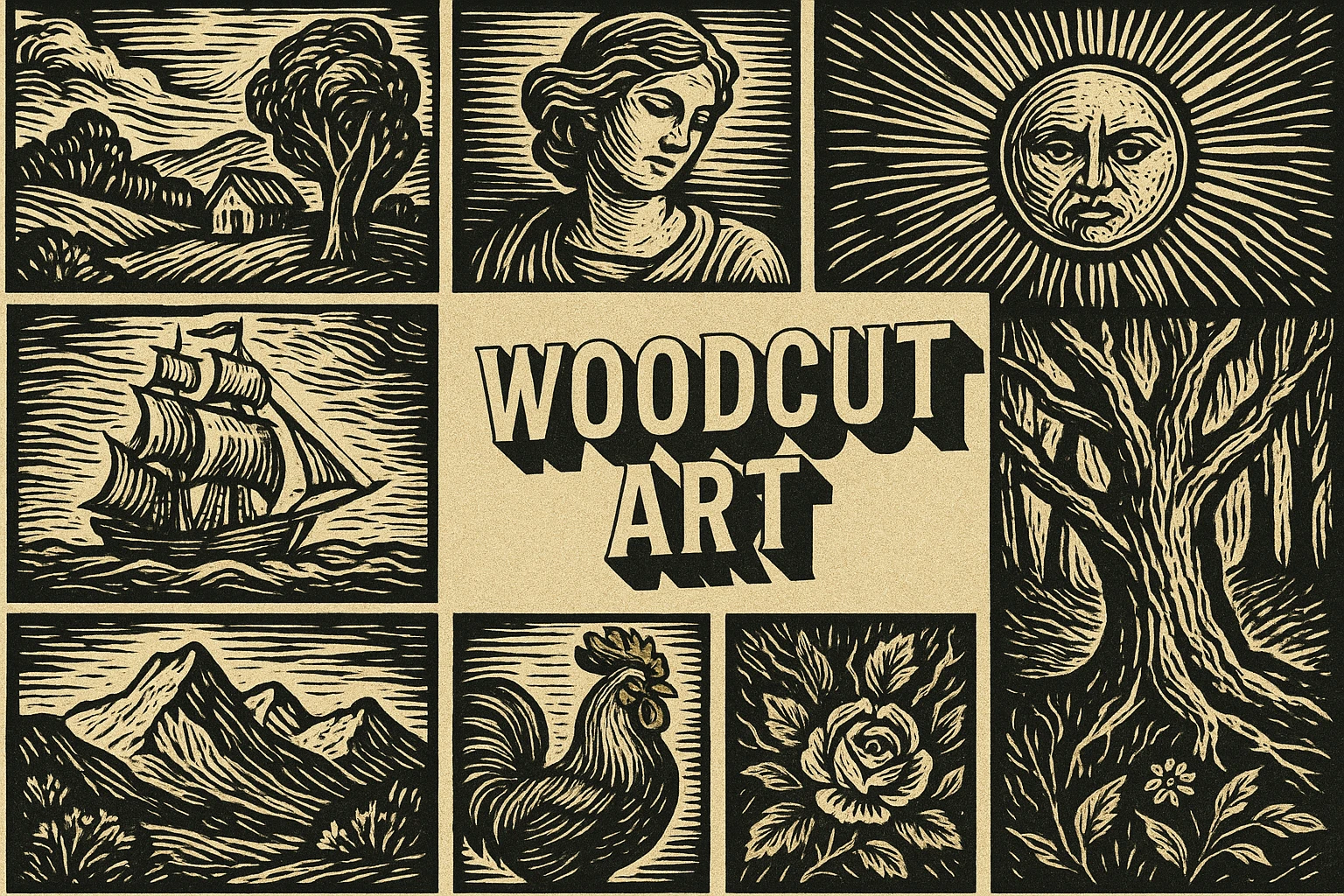 Woodcut Art collage showing several visual interpretations of the style.