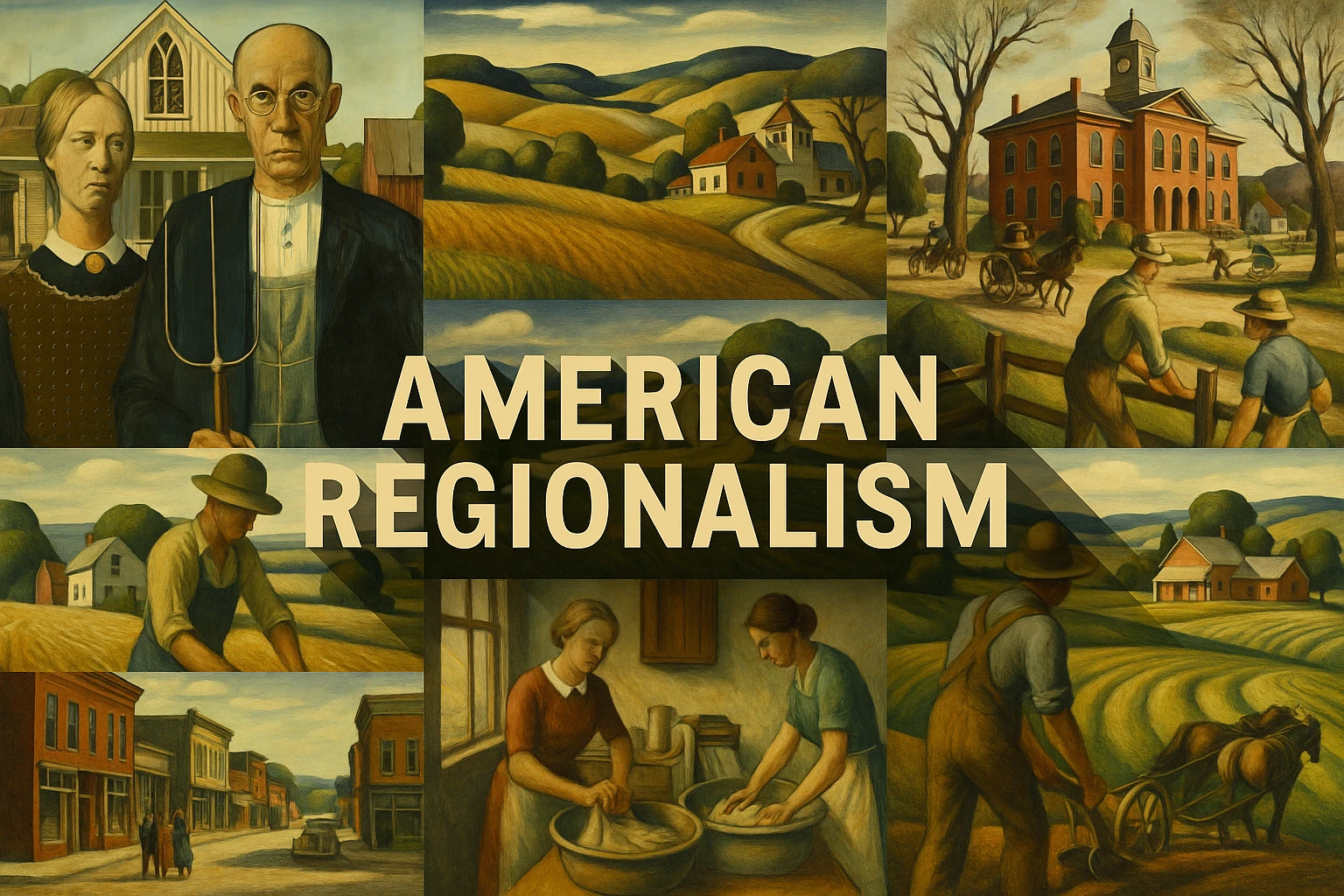 American Regionalism collage showing several visual interpretations of the style.