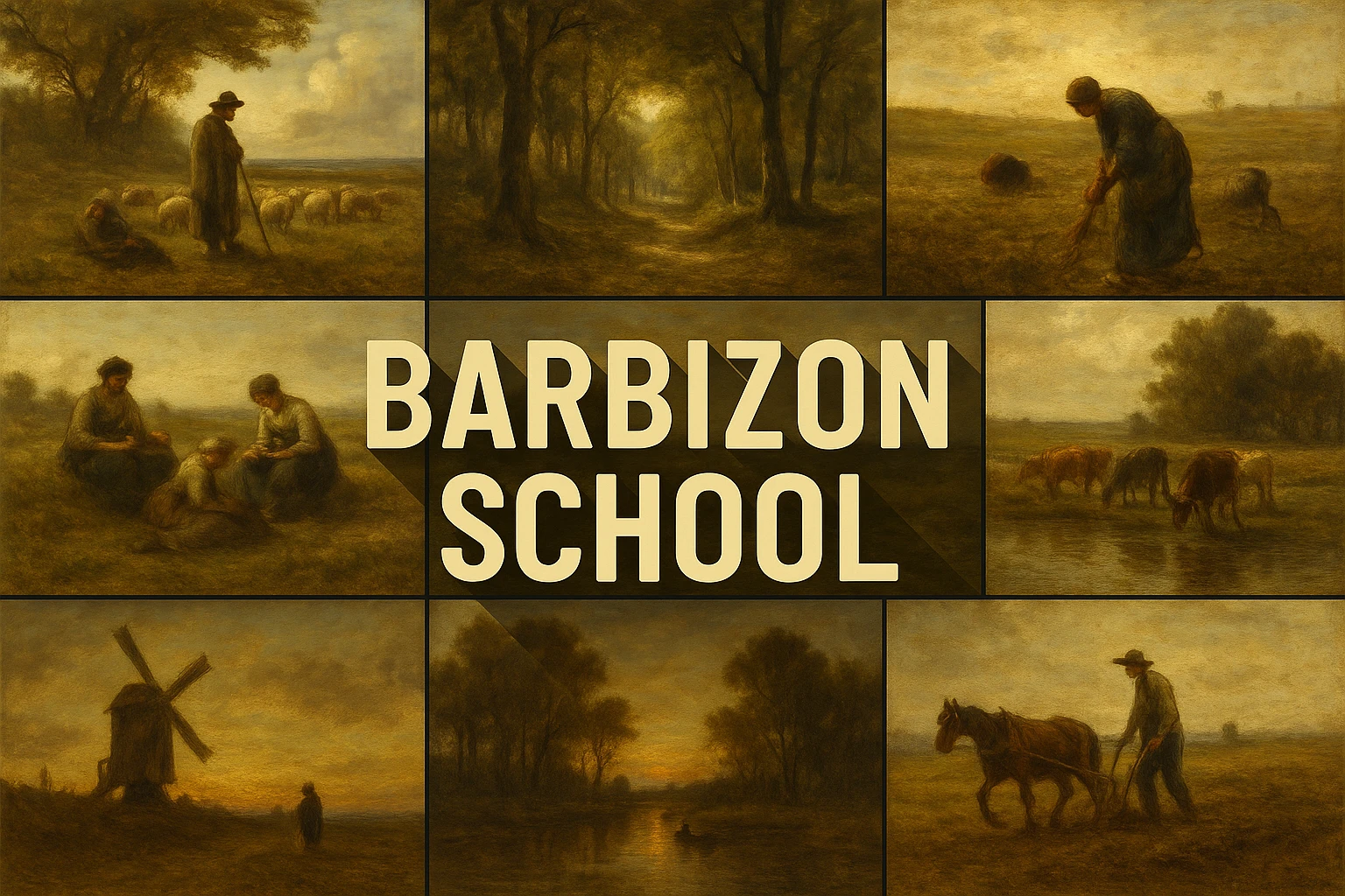 Barbizon School collage showing several visual interpretations of the style.