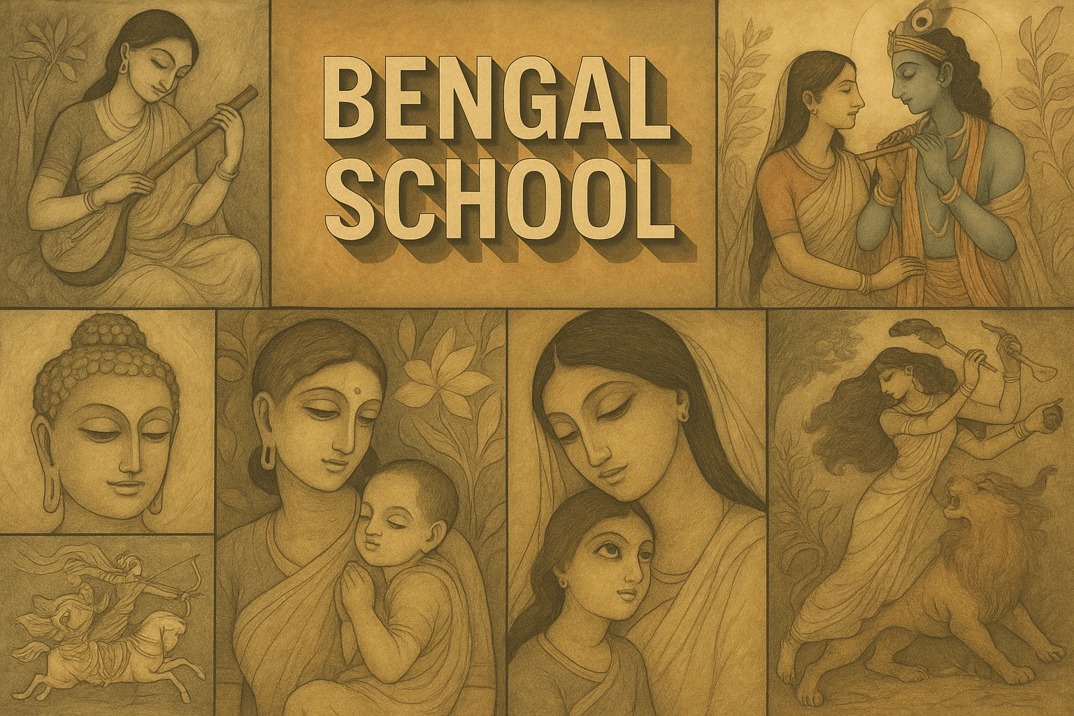 Bengal School collage showing several visual interpretations of the style.