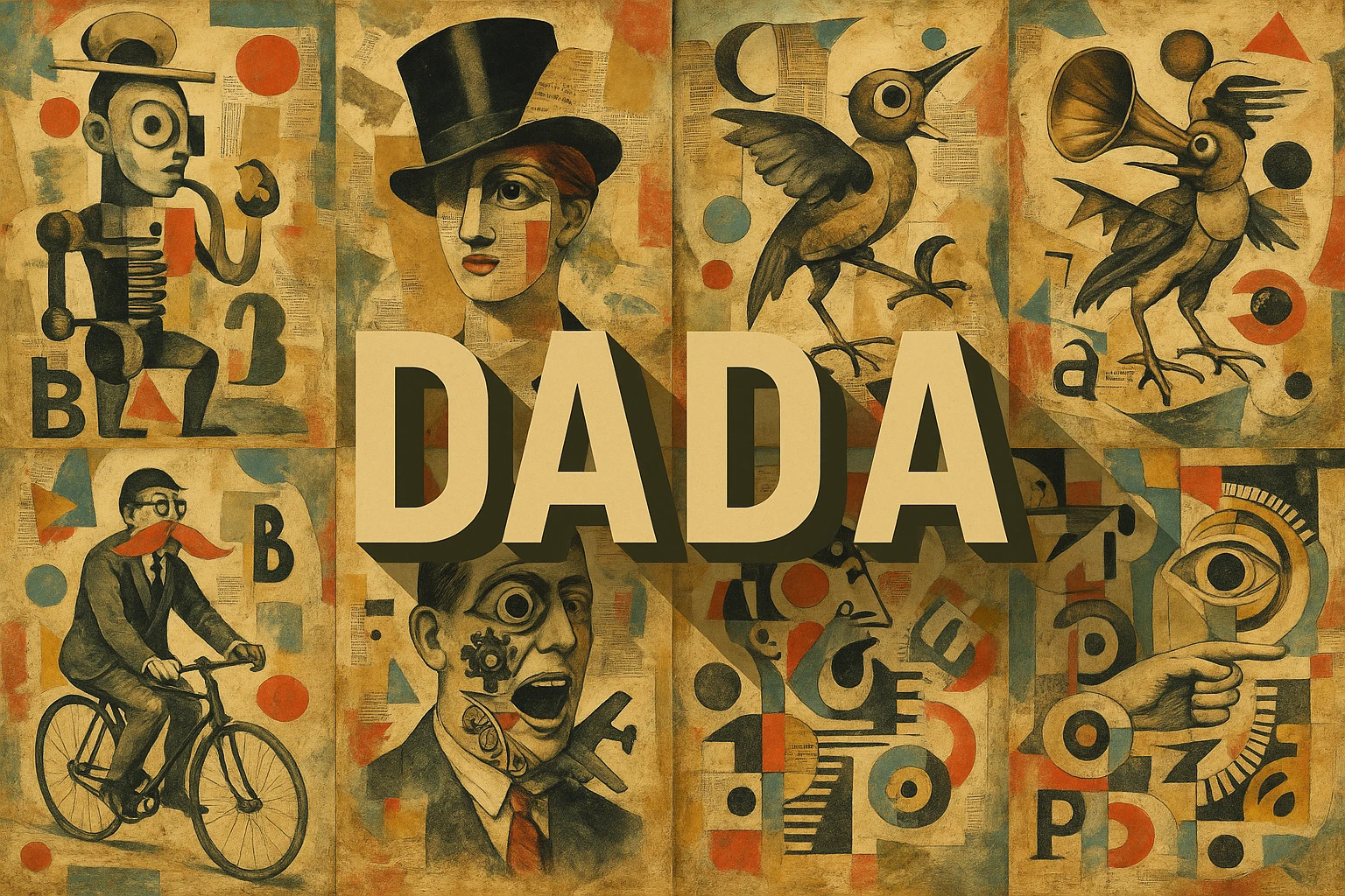 Dada collage showing several visual interpretations of the style.