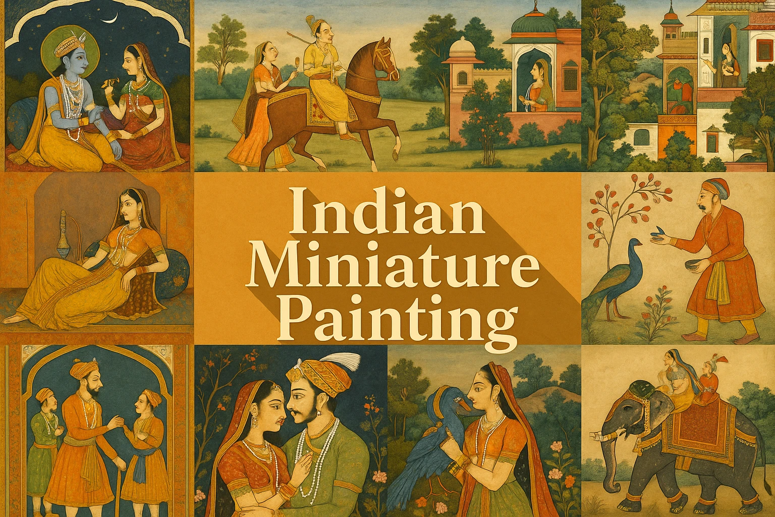 Indian Miniature Painting collage showing several visual interpretations of the style.