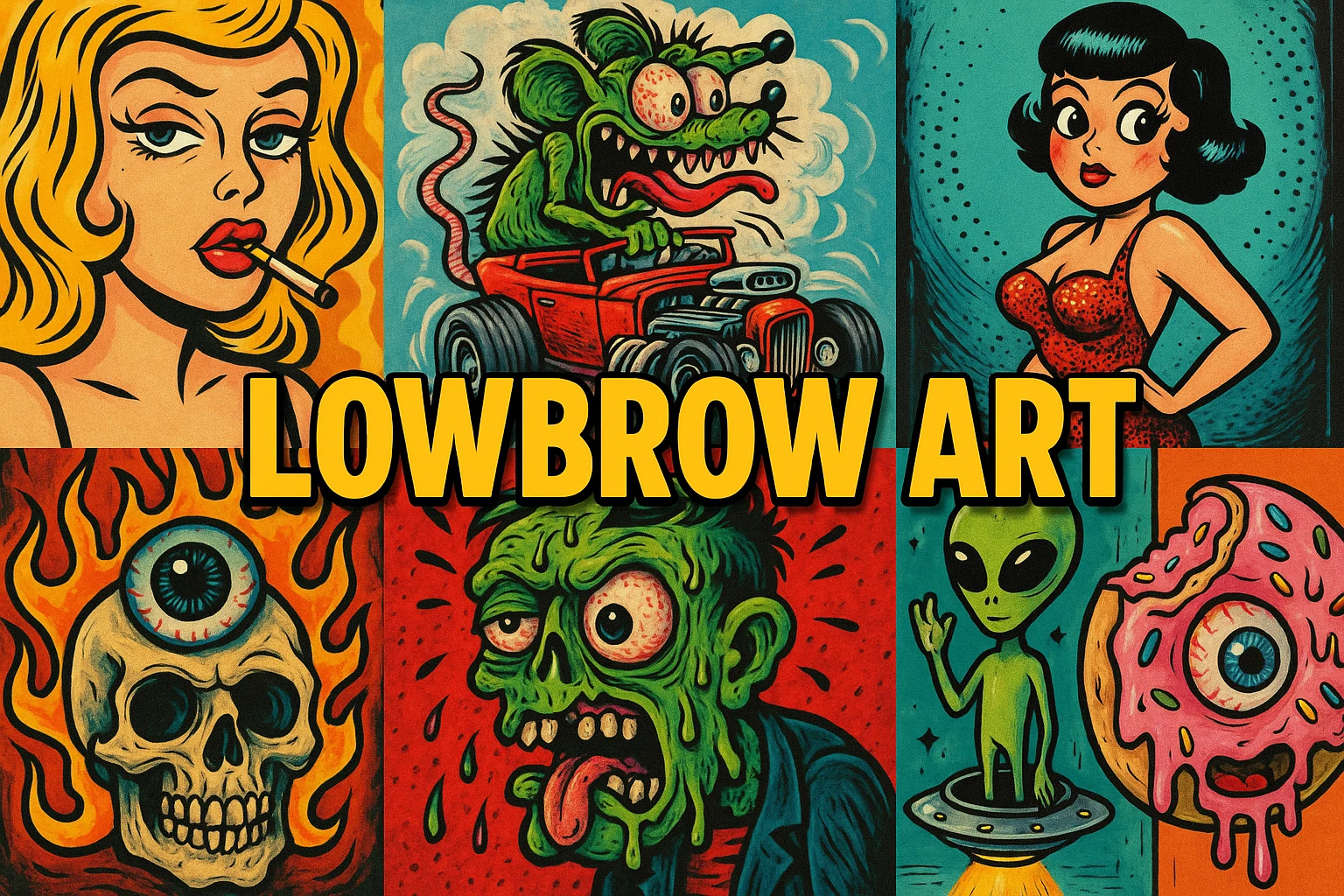 Lowbrow Art collage showing several visual interpretations of the style.