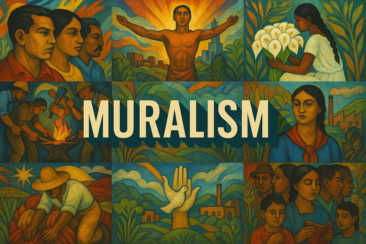 Muralism collage showing several visual interpretations of the style.
