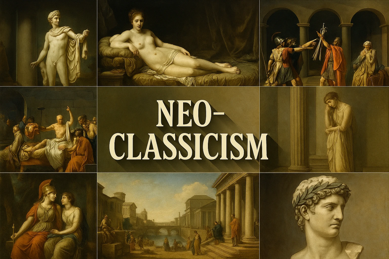 Neo-Classicism collage showing several visual interpretations of the style.