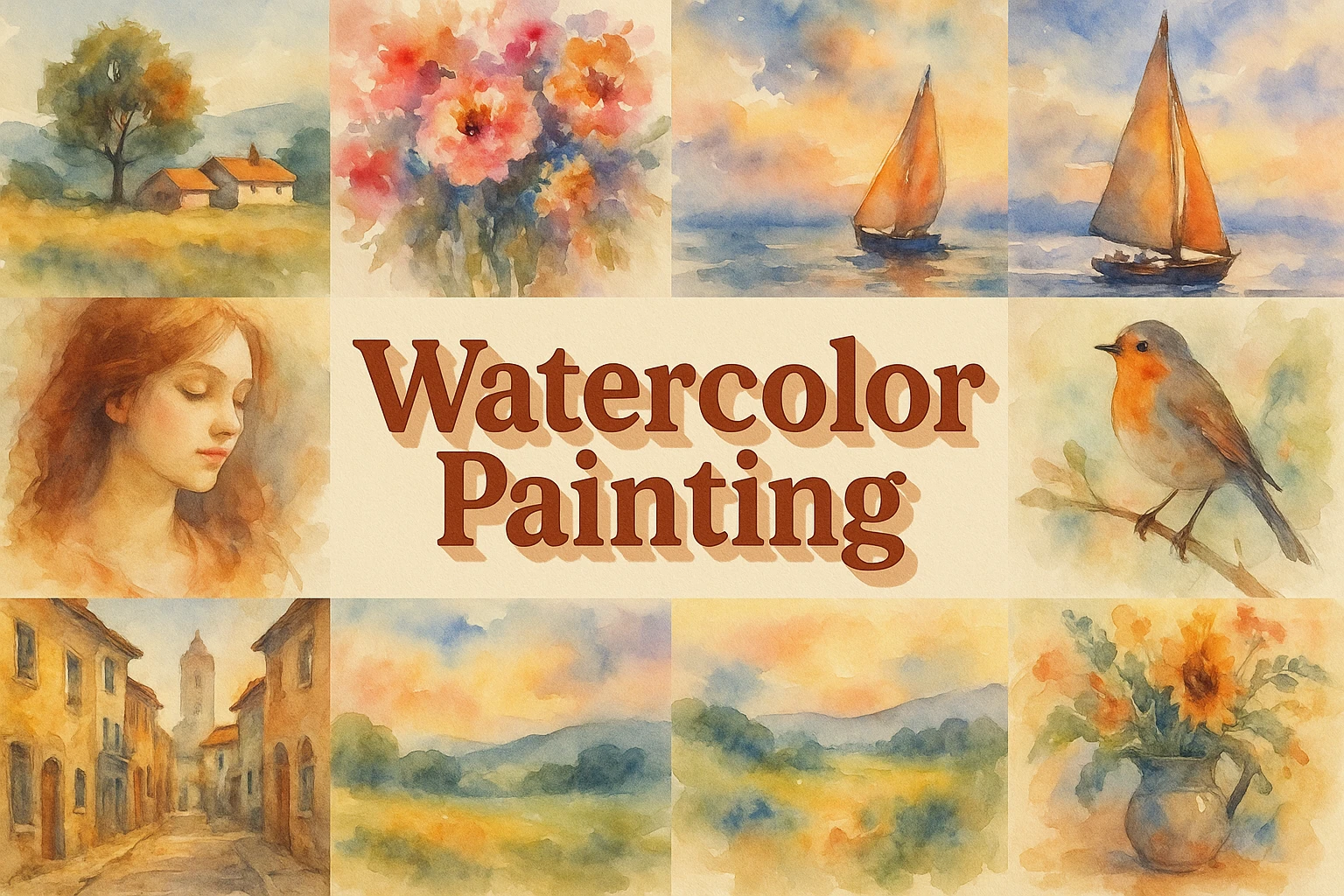 "Watercolor Painting" collage showing several visual interpretations of the style.