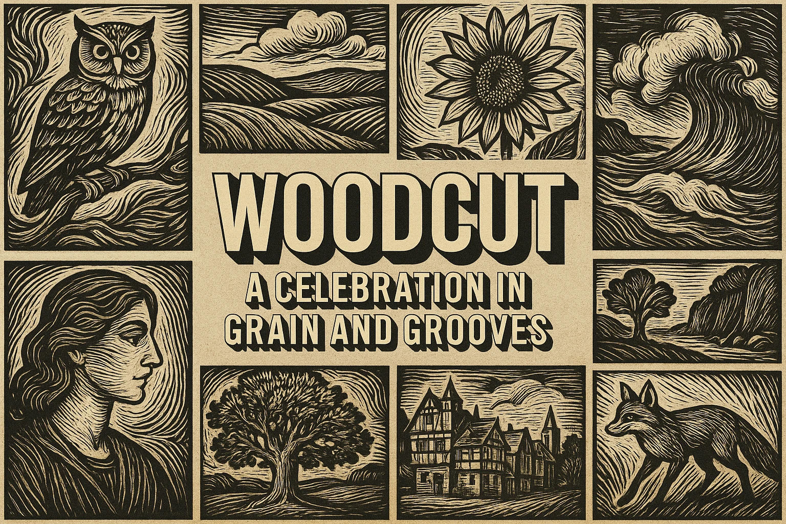 Woodcut: A Celebration in Grain and Grooves collage showing several visual interpretations of the style.