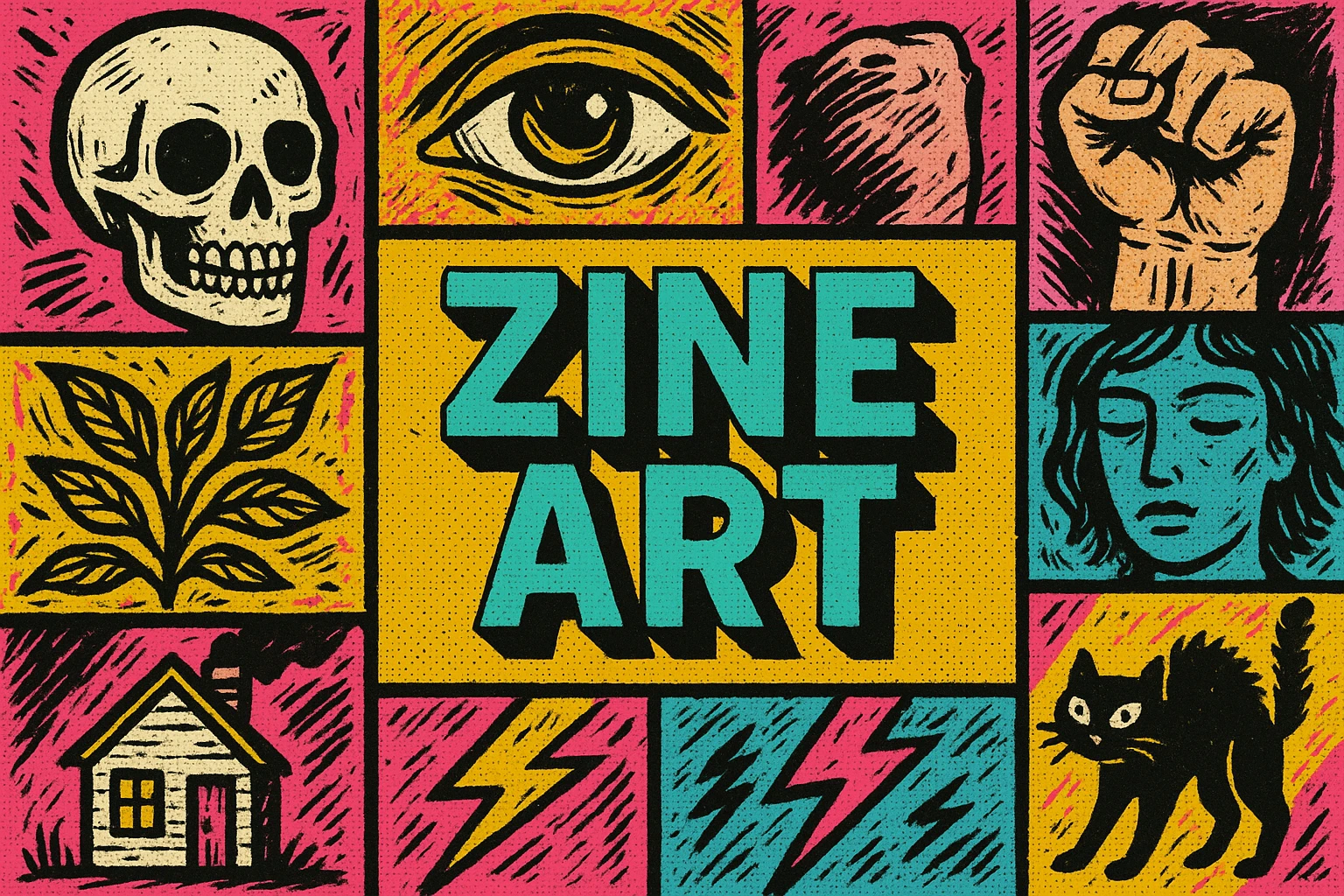 Zine Art collage showing several visual interpretations of the style.