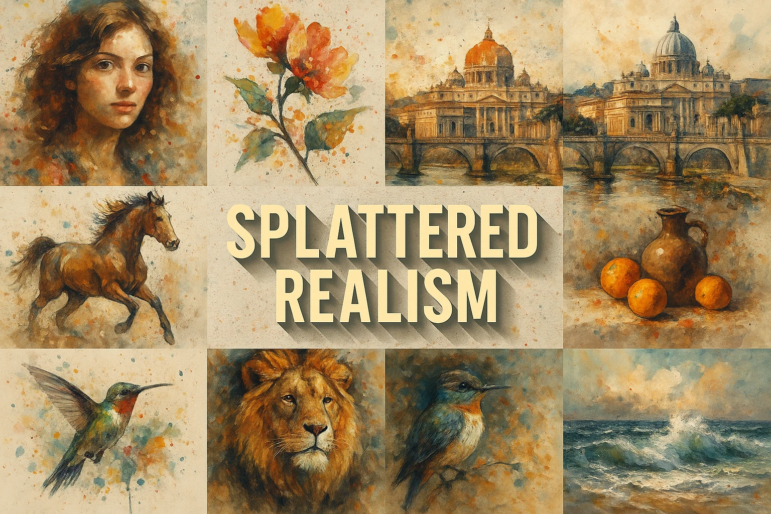 Splattered Realism collage showing several visual interpretations of the style.