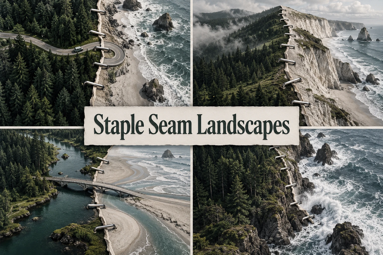 Staple Seam Landscapes collage showing several visual interpretations.
