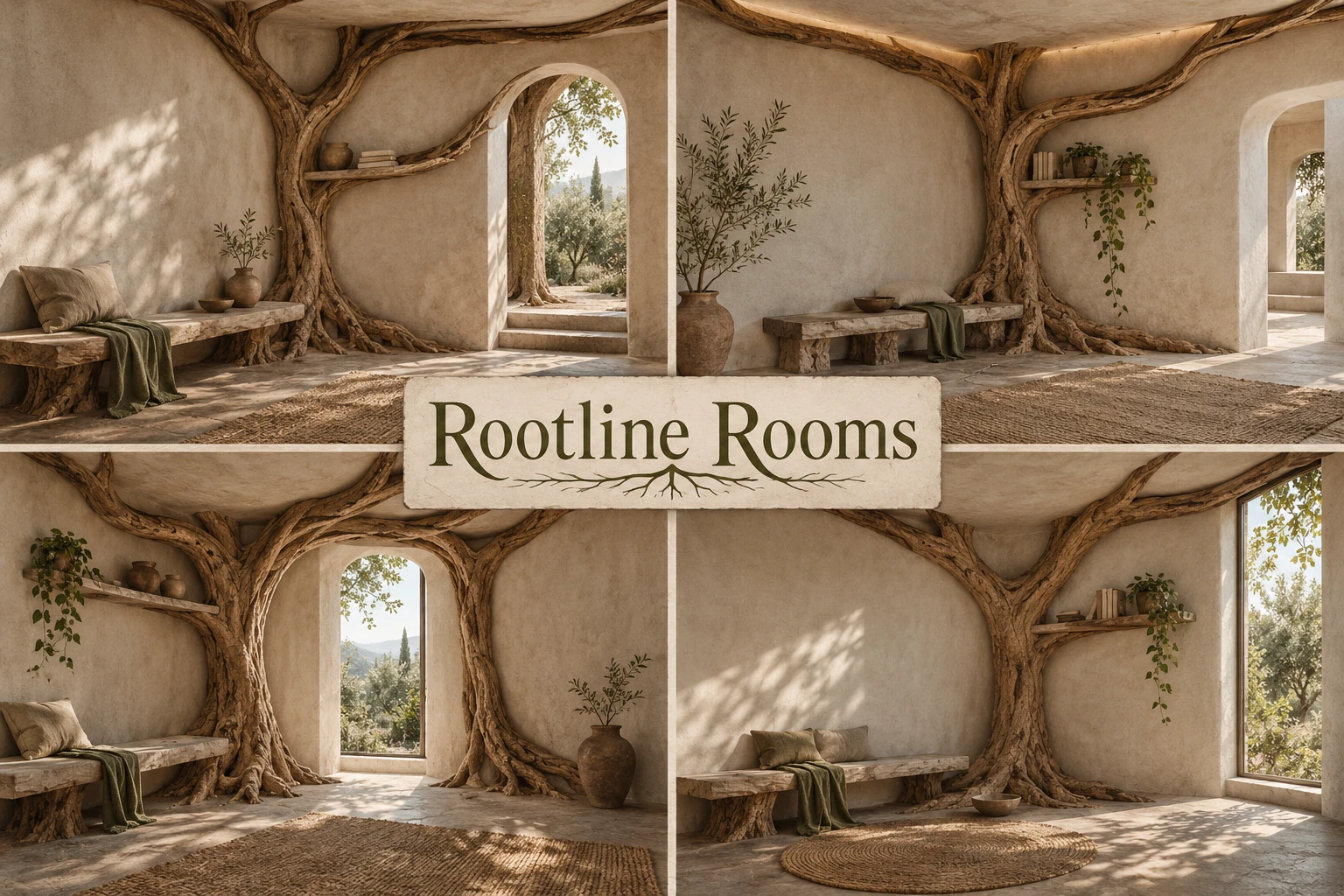 Rootline Rooms collage showing several visual interpretations.