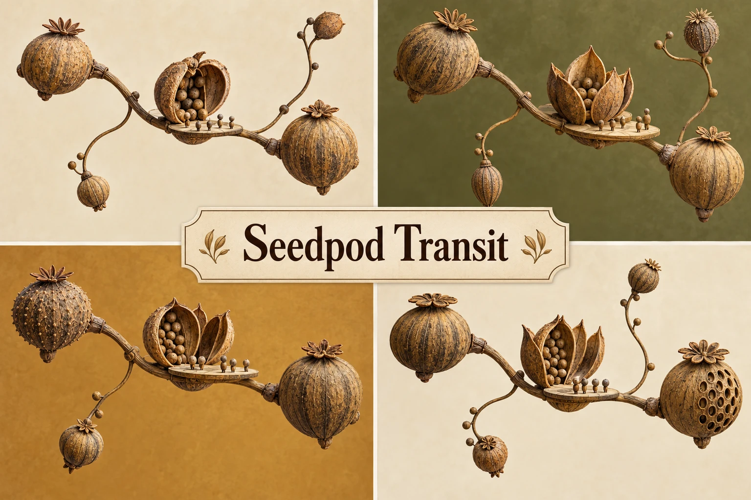 Seedpod Transit collage showing several visual interpretations.
