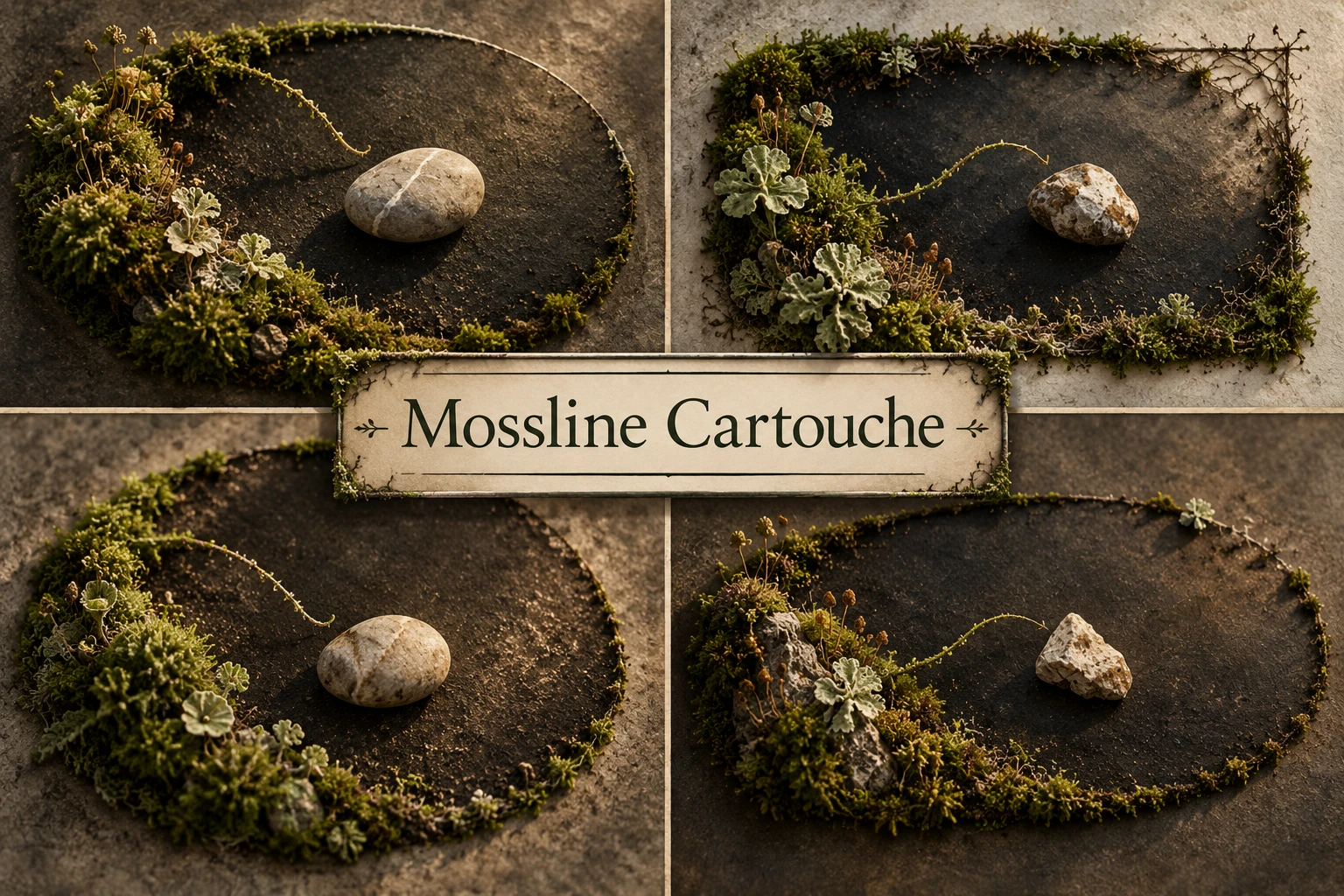 Mossline Cartouche collage showing several visual interpretations.