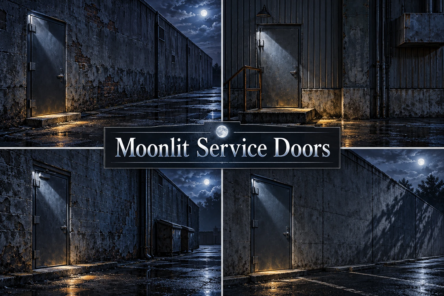 Moonlit Service Doors collage showing several visual interpretations.
