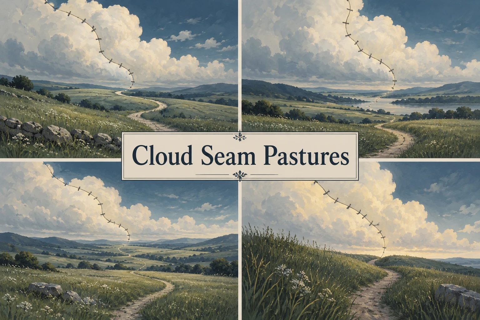 Cloud Seam Pastures collage showing several visual interpretations of the style.