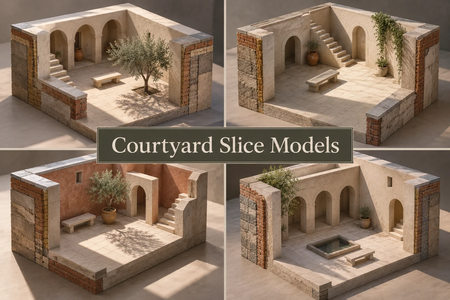 Courtyard Slice Models collage showing several visual interpretations of the style.