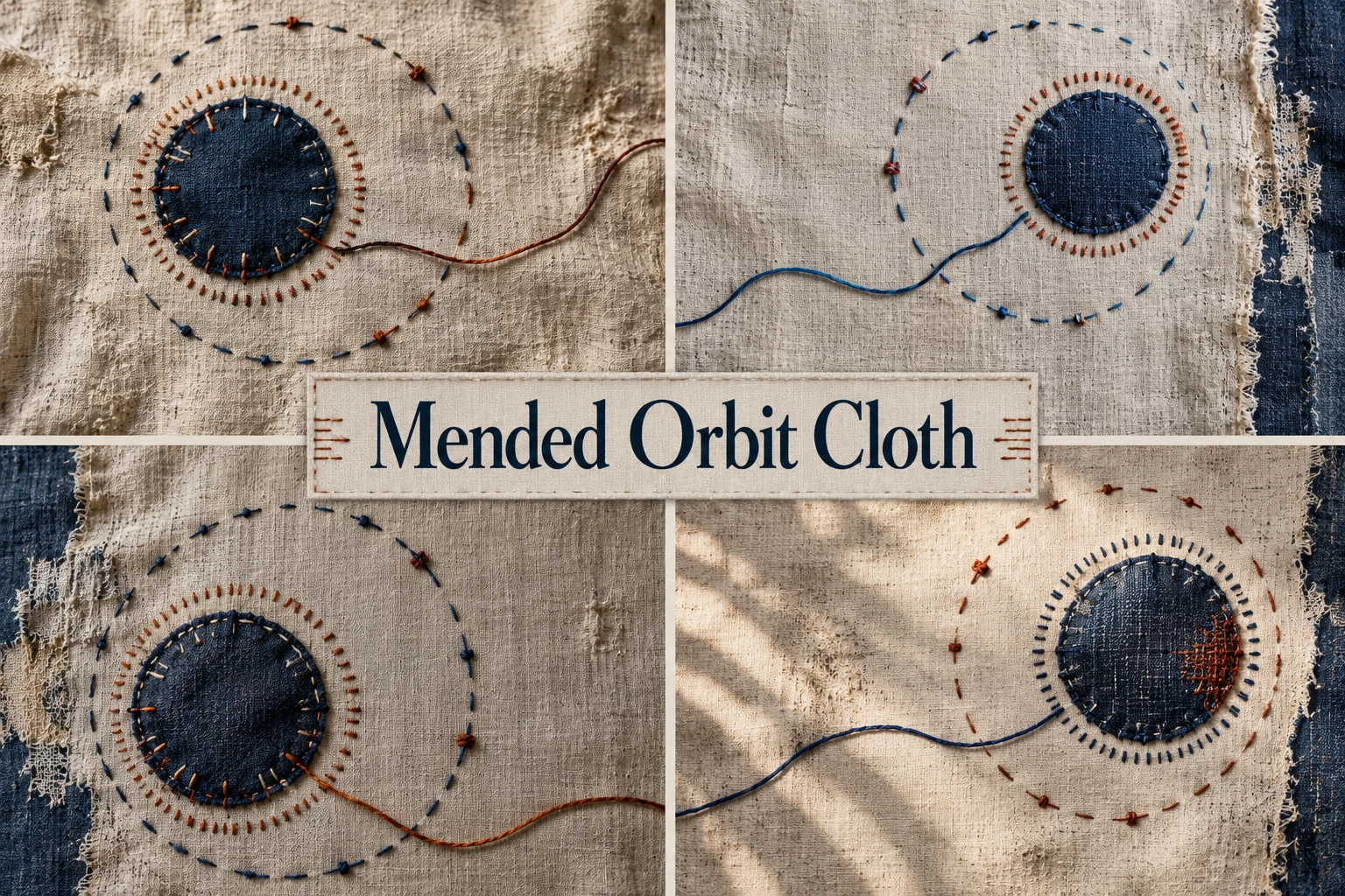 Mended Orbit Cloth collage showing several visual interpretations.