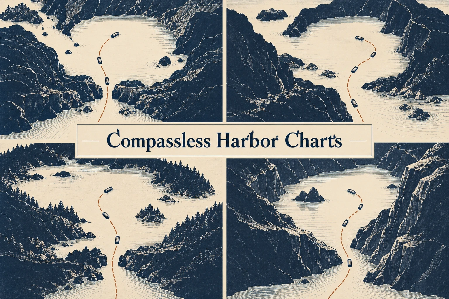 Compassless Harbor Charts collage showing several visual interpretations of the style.