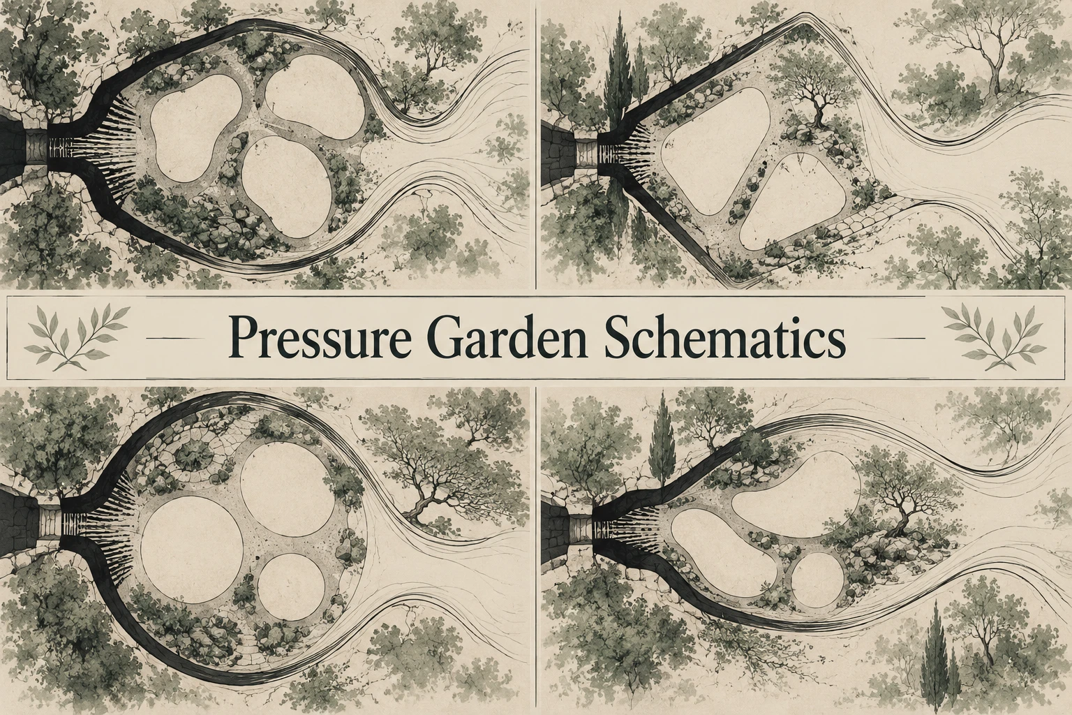Pressure Garden Schematics collage showing several visual interpretations.