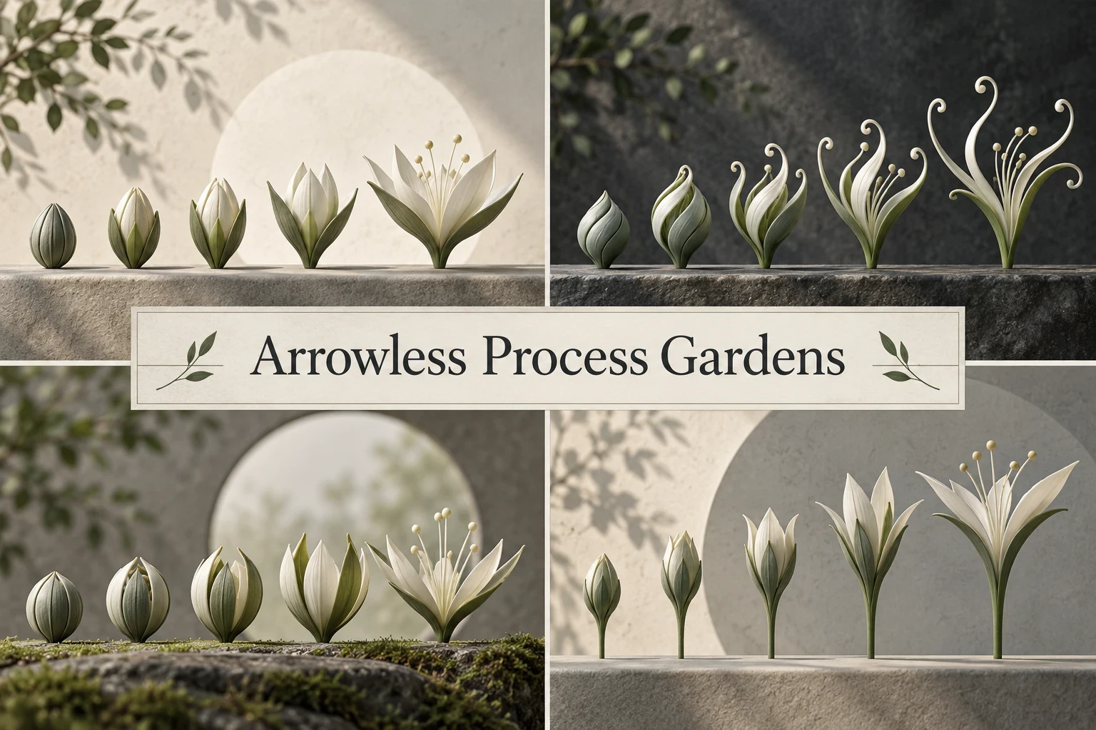 Arrowless Process Gardens collage showing several visual interpretations of the style.
