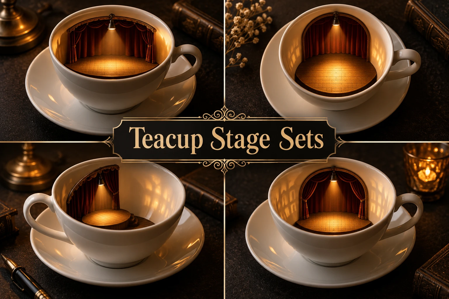 Teacup Stage Sets collage showing several visual interpretations.