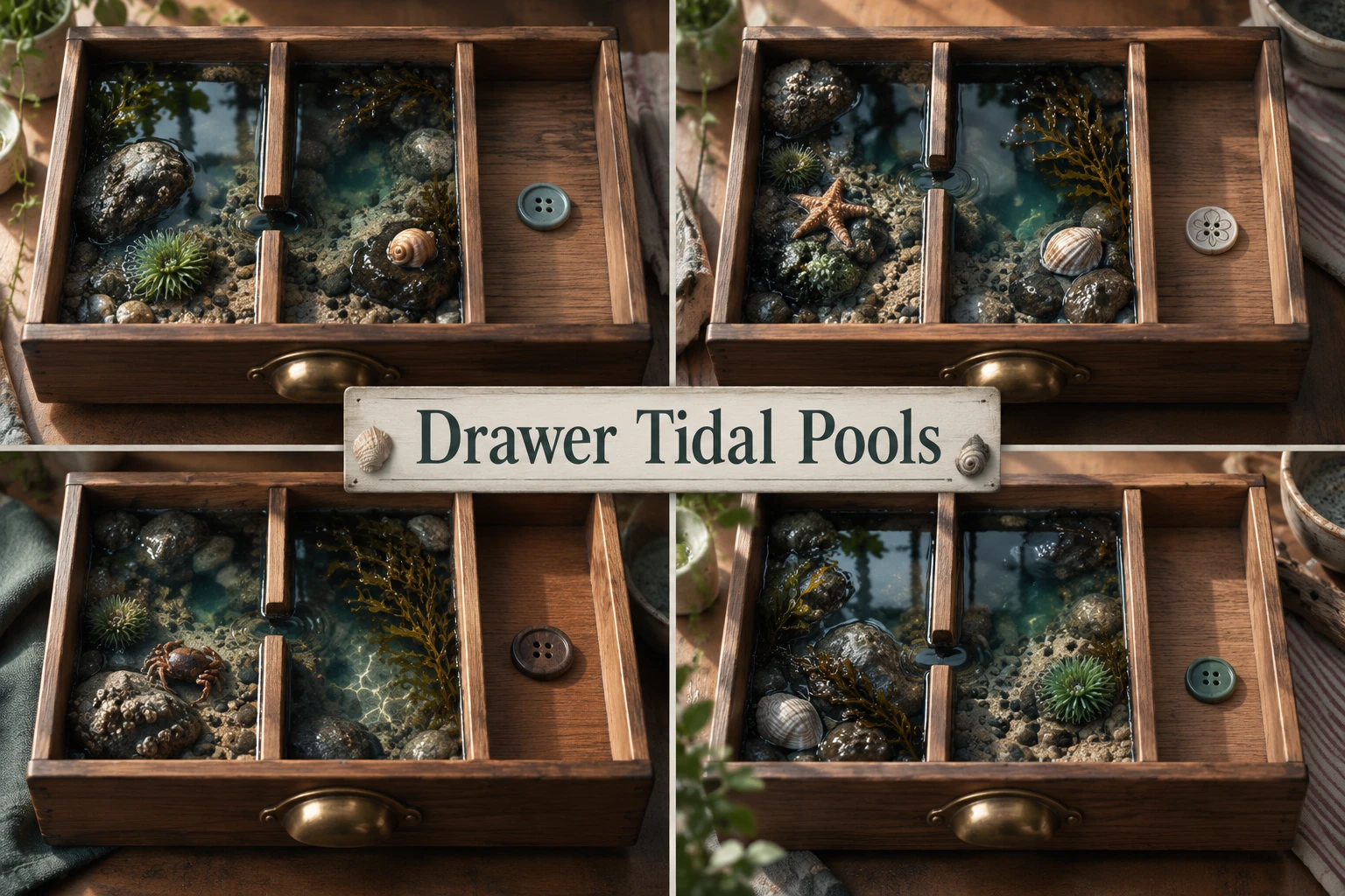 Drawer Tidal Pools collage showing several visual interpretations.