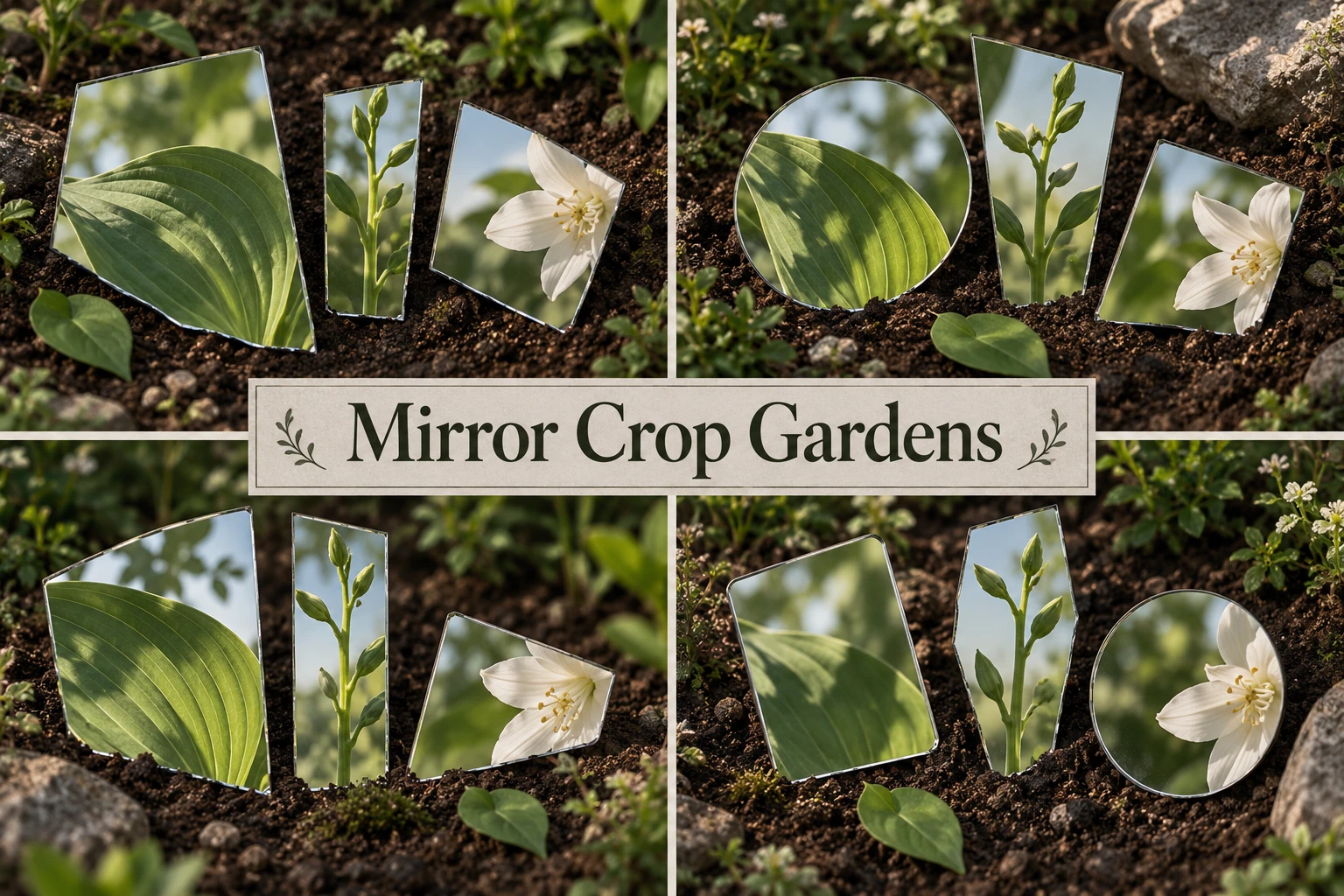 Mirror Crop Gardens collage showing several visual interpretations.