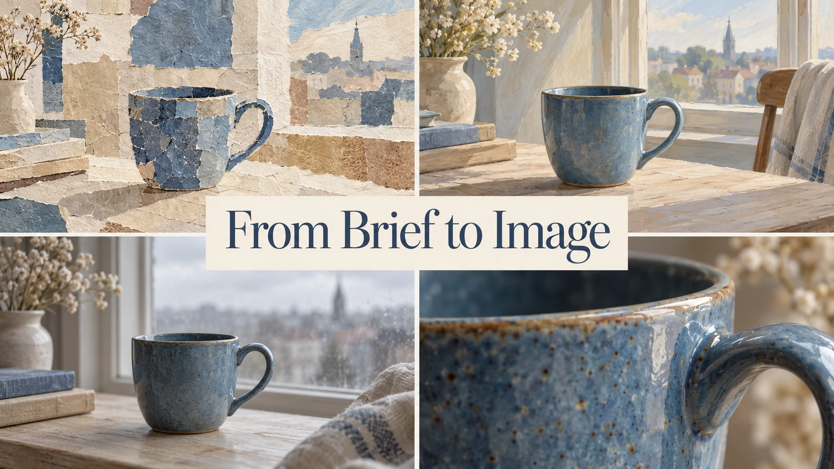 A blue cup appears in four visual treatments in a collage titled From Brief to Image.