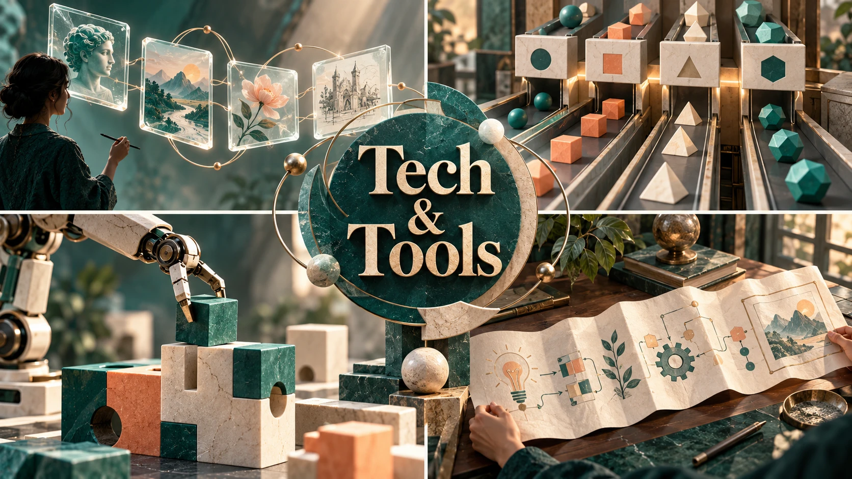 A collage combines digital art, automated sorting, a robotic arm and a hand-drawn workflow under the words Tech and Tools.