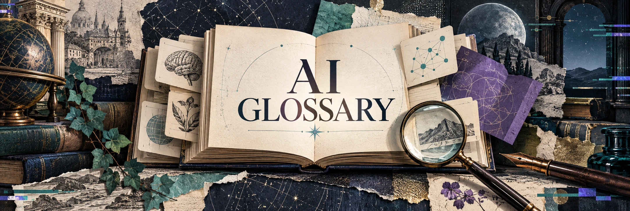An open reference book marked AI Glossary, surrounded by diagrams, a magnifying glass and moonlit paper collage.