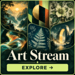 Art Stream. Explore. A square gallery button with an art mosaic.