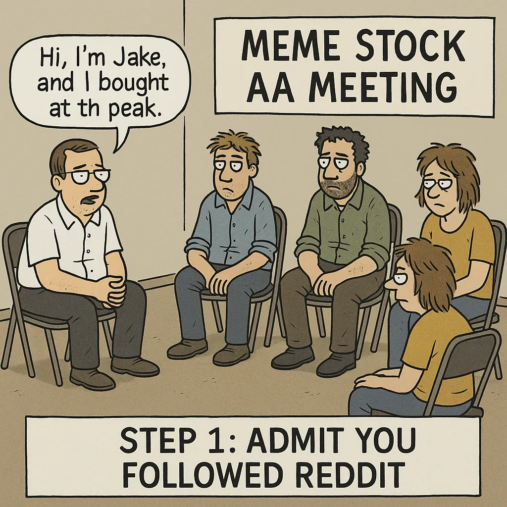 Cartoon investors sit in a circle beneath a meme-stock meeting sign while one admits buying at the peak.