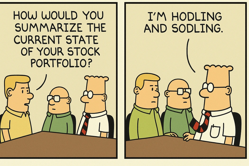 A two-panel office cartoon asks about a stock portfolio and answers with the words hodling and sodling.