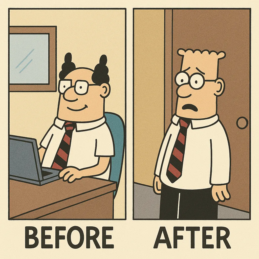 A before-and-after cartoon shows a smiling office worker at a laptop and a worried worker in a doorway.