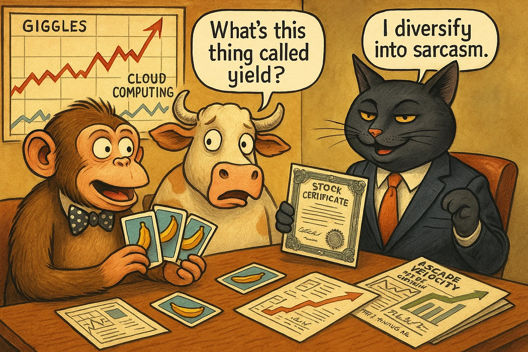 A suited black cat, a bull and a monkey discuss investing around a table of charts and banana cards.