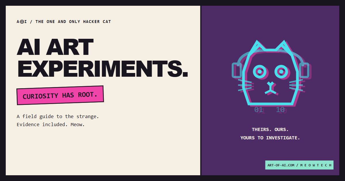 Neon Hacker Cat wearing headphones beside the words AI Art Experiments on a cream and purple brutalist cover.