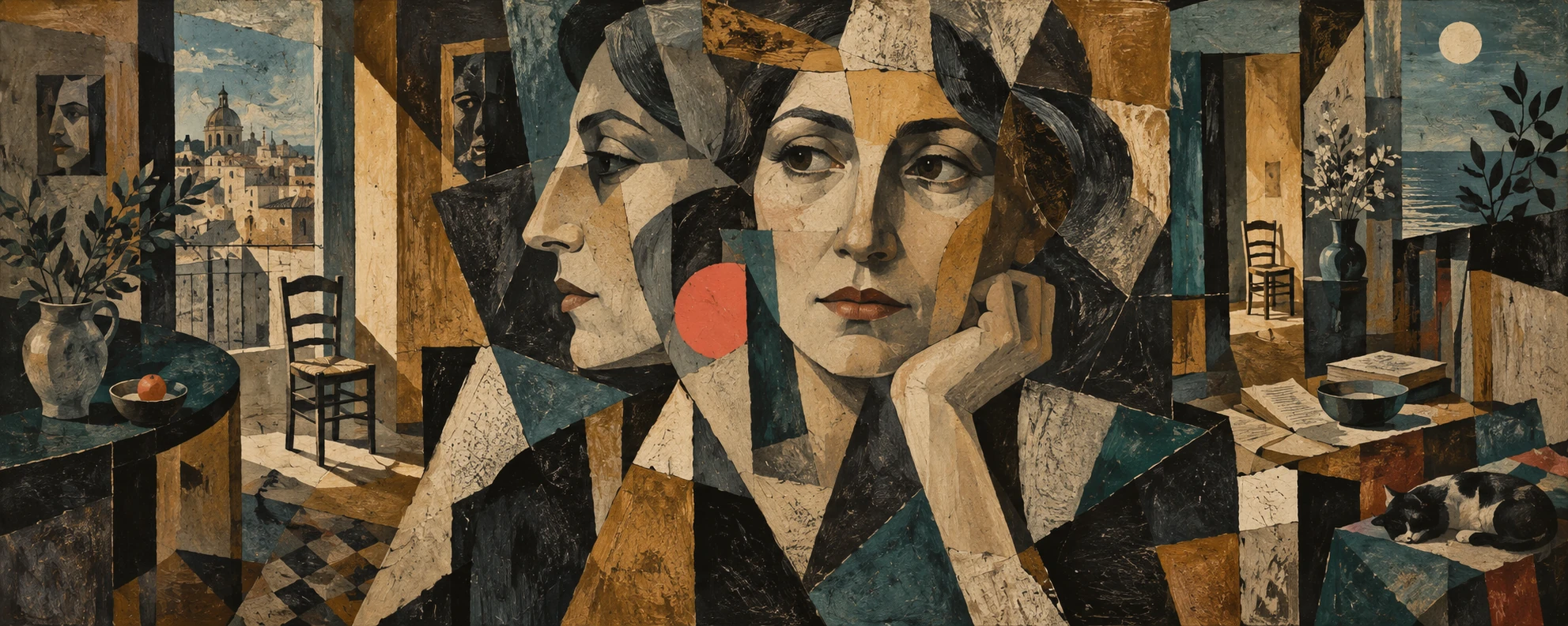 A woman's frontal and profile features overlap with angular rooms, ochre planes and small empty chairs.