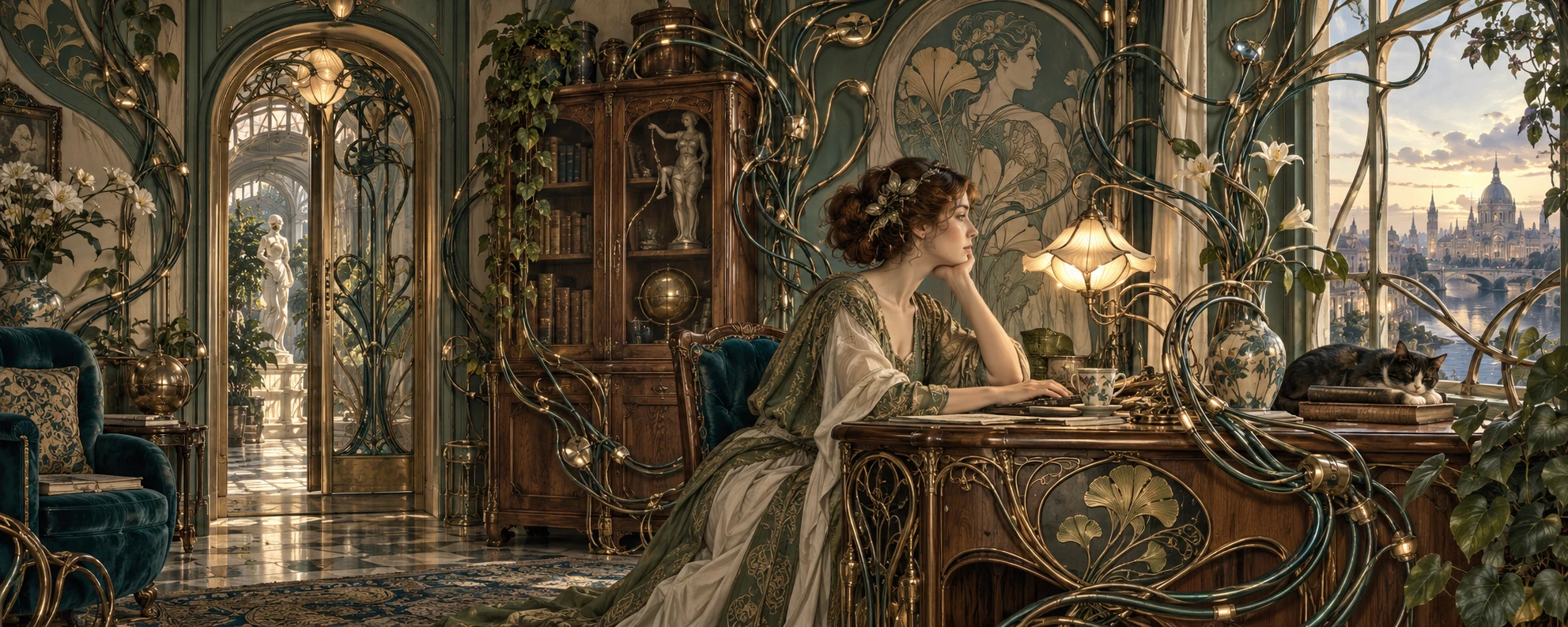 An ornate green and copper interior is woven with botanical cables around a window, lamps and a desk.