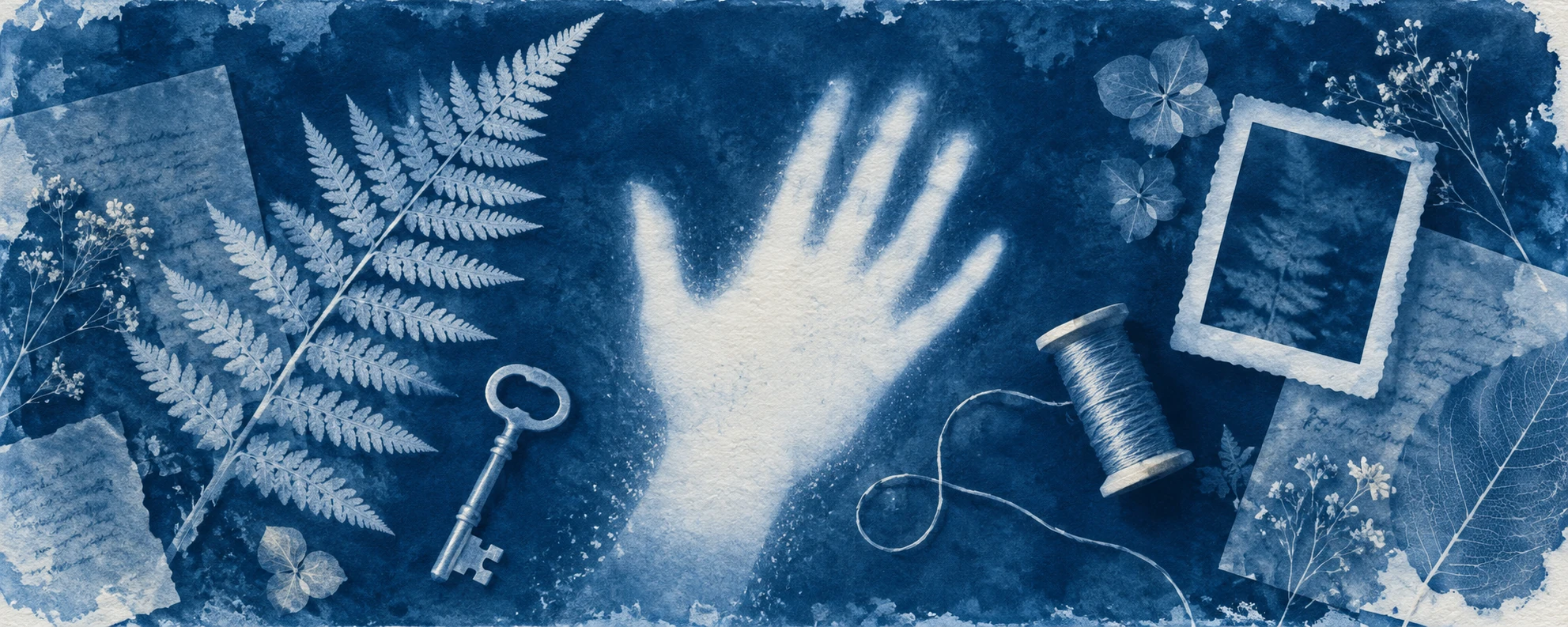 White silhouettes of a hand, fern, key, thread and picture frame lie across a textured Prussian-blue field.