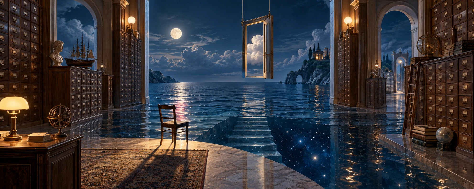 Wooden filing cabinets frame an administrative hall opening onto a moonlit sea, submerged stairs and an empty chair.