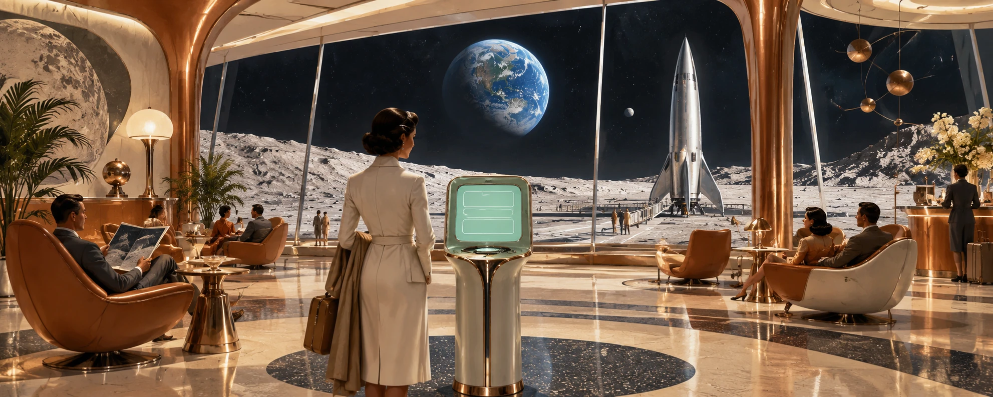 A copper and cream lunar lounge overlooks Earth and a spacecraft while a small glowing terminal blocks a traveller's path.