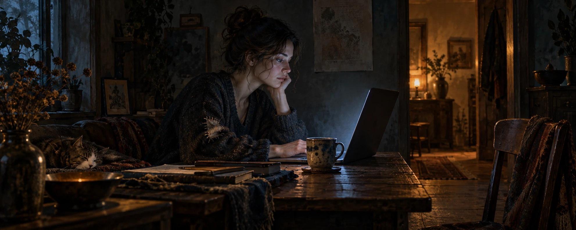 Cool screen light touches a woman's face, hand, cup and worn sleeve in a dark room with a warmer doorway beyond.