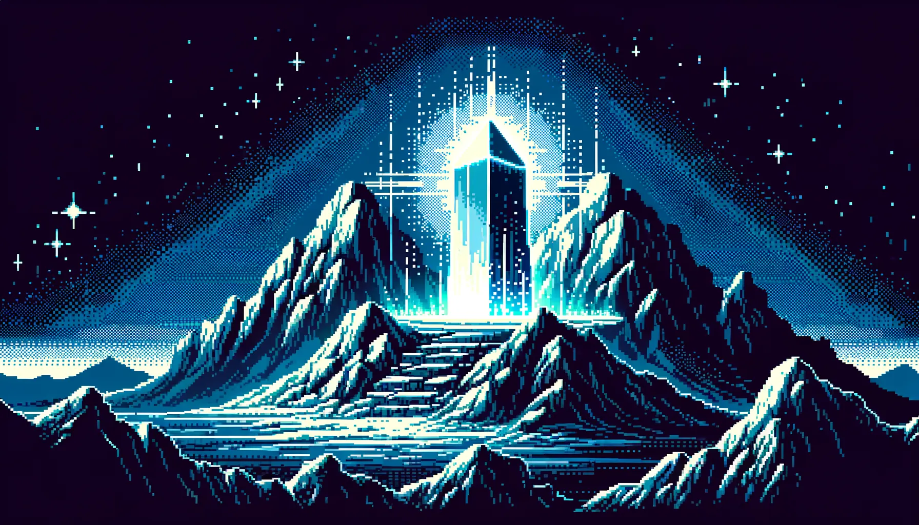 Blue pixel-art mountains and a staircase lead to a luminous tower beneath a starry sky.