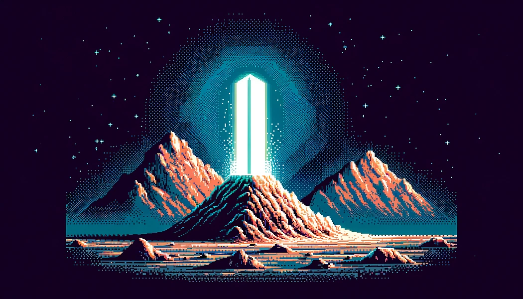 Peach and teal pixel-art mountains surround an upright white light against a dark starry sky.