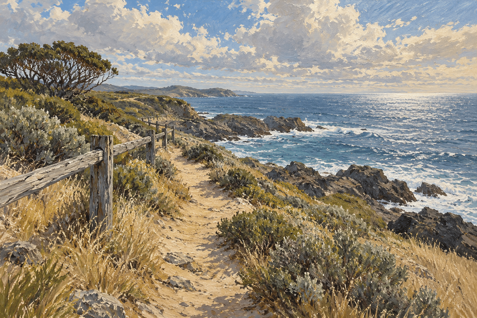 A coastal footpath, weathered fence, low scrub and dark rocks beside a blue sea.