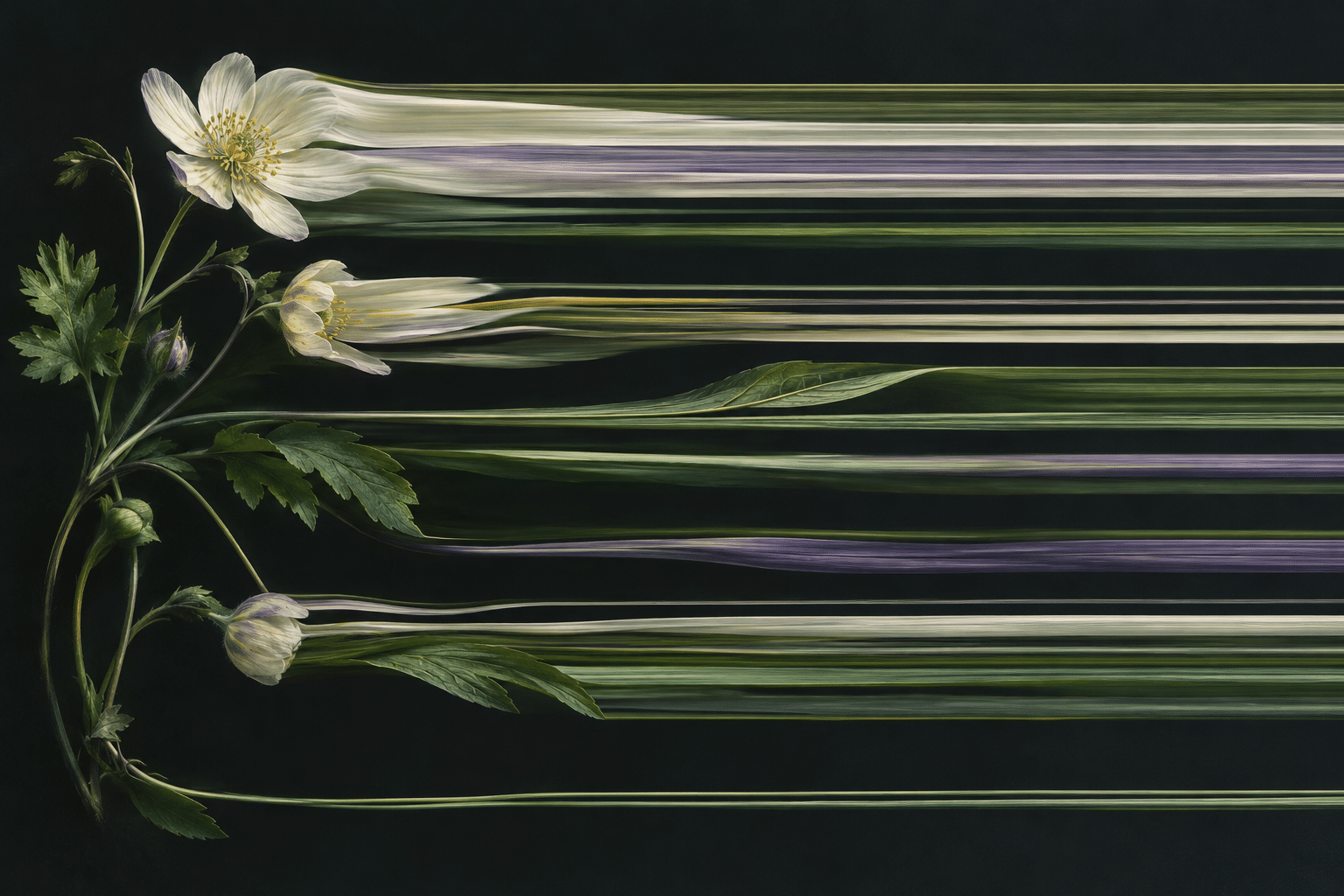 White flowers and green stems stretch into continuous horizontal bands across a dark background.