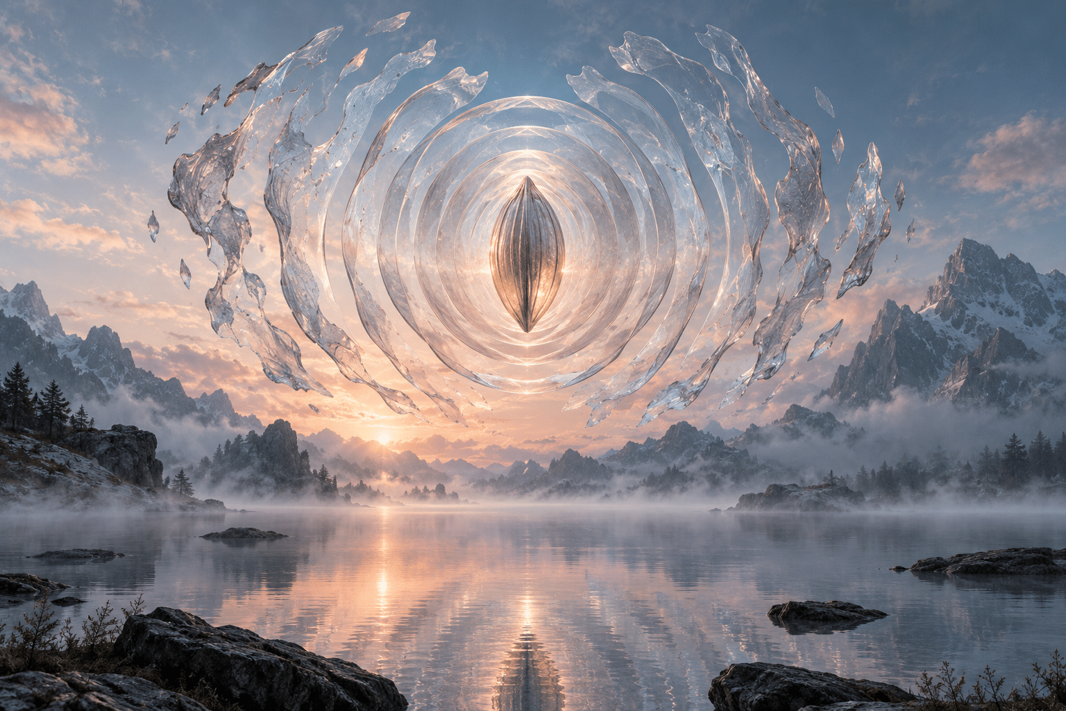 Diffusion Seed Fresnels: a hovering seed-lens sculpture over a misty lake. A crisp central seed dissolves outward into concentric translucent lenses that gradually lose their circular perfection.