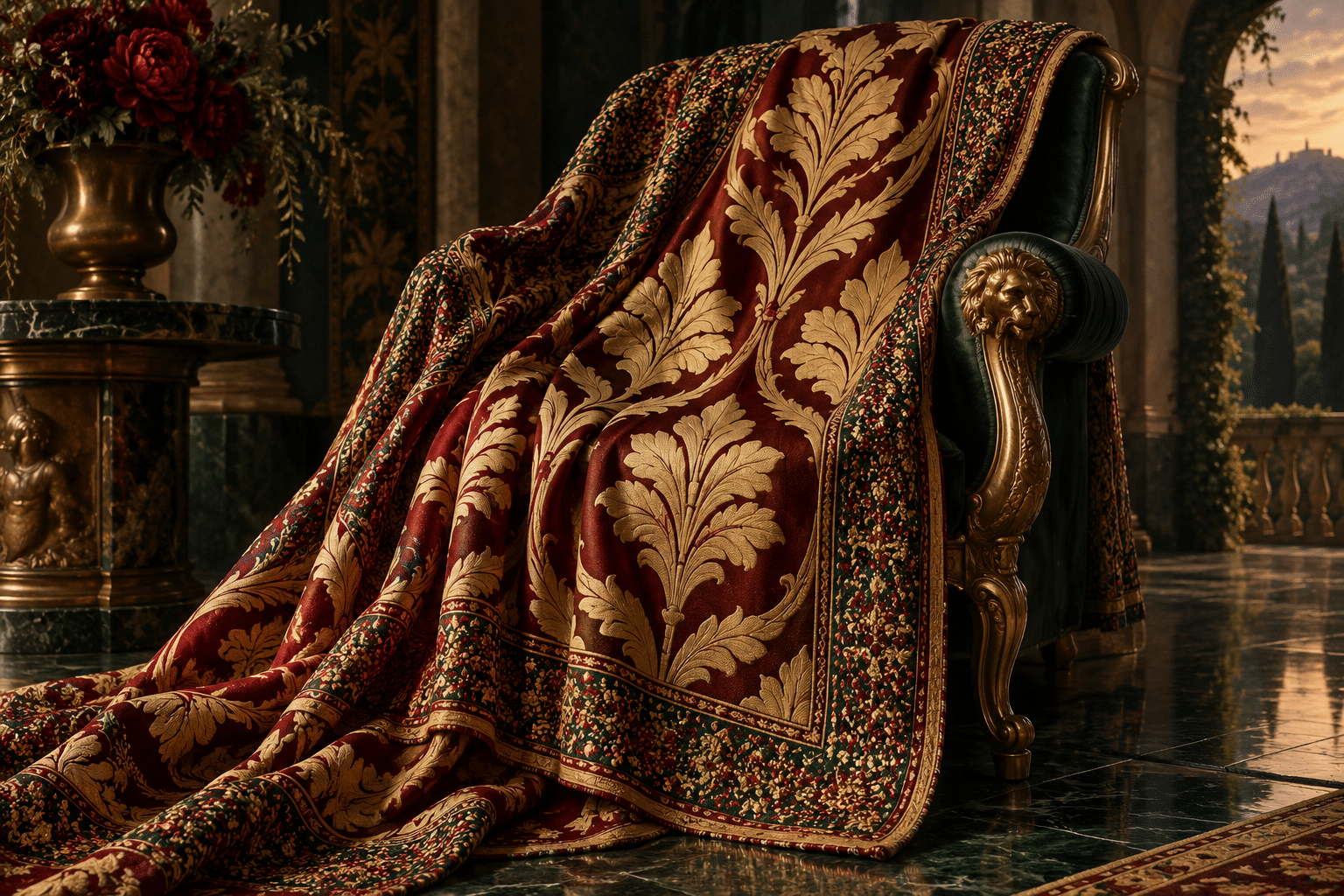 Noise Budget Brocade: an opulent brocade mantle draped across a sculptural chair.