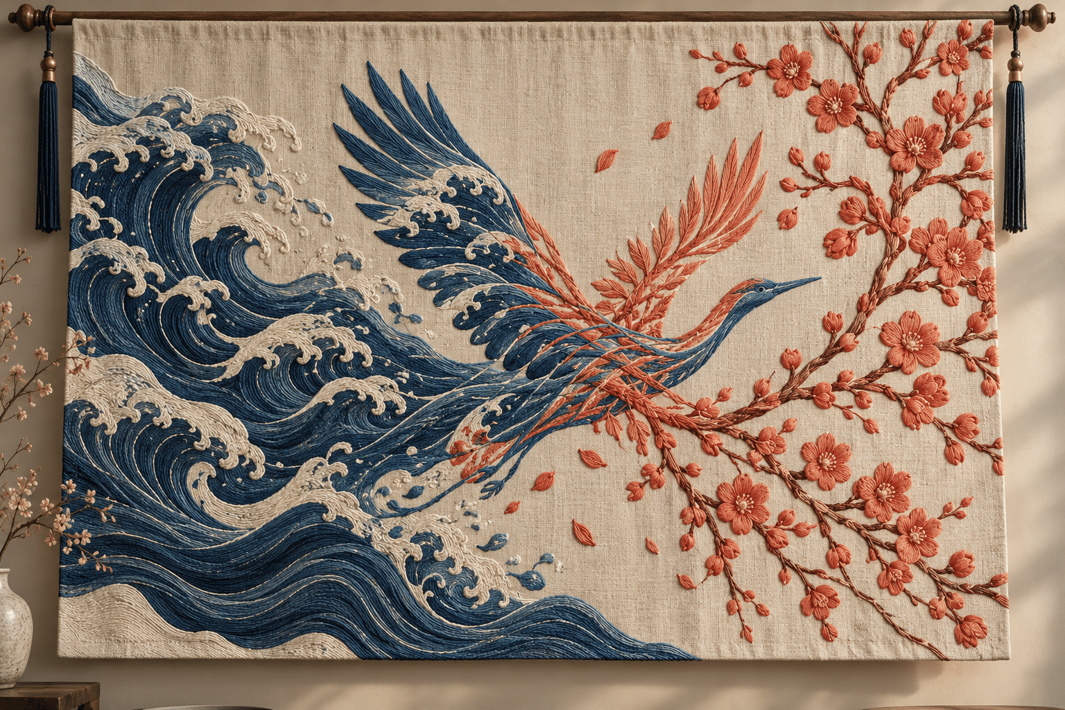 Cross Attention Embroidery: an embroidered hanging that joins waves and branches into a bird.