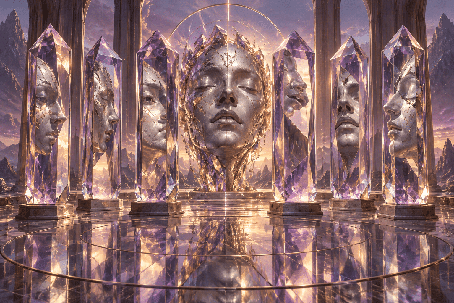 Headspace Prism Choirs: a choir of crystalline prisms around a silver mask.